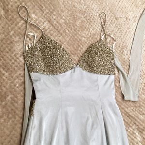 Baby blue silk Sue Wong beaded backless gown